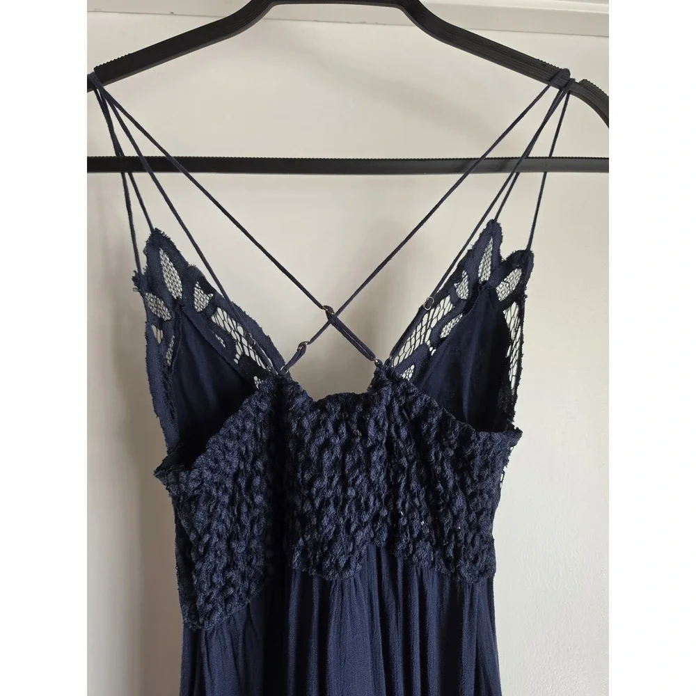 Free People Mini Dress S Navy Sleeveless V-Neck Boho Sundress Lace Babydoll
